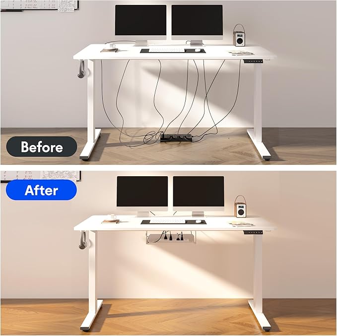 FLEXISPOT EN2 Whole-Piece Standing Desk with Clamp Power Strip, 60 x 24 Electric Stand Up Height Adjustable Desk with Cable Management (White Frame + 60" White Desktop, 2 Packages)