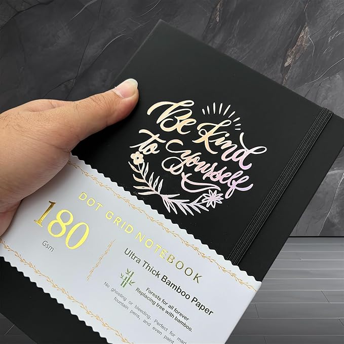 Dotted Notebook Journal 180GSM Bamboo Thick White Paper 160 Pages 5 * 5MM Dot Grid, Lay Flat Binding,Colored Silver Edges, Bookmarks and Expandable Back Pocket (BKP-8)