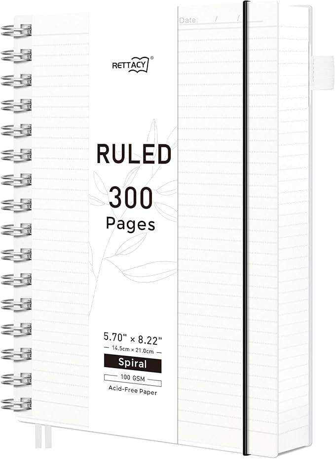 RETTACY Spiral College Ruled Notebook, 300 Pages, A5 Medium Size (5.7" x 8.2"), for School, Work, Writing, Journaling, 100 GSM Thick Paper, Flexible Plastic Cover (Transparent)
