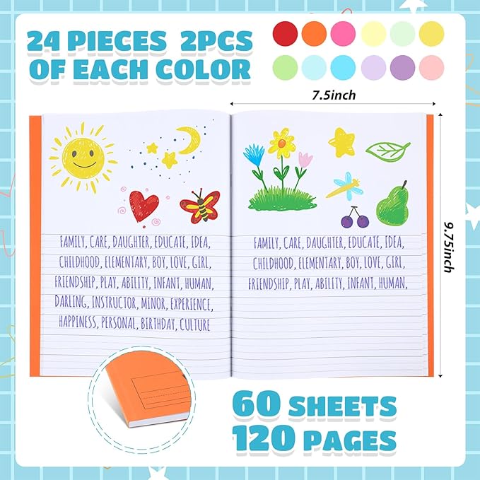 Henoyso 24 Pcs 120 Pages Primary Composition Notebooks K-2 9 3/4 x 7 1/2 Inch Journals Primary Journals Blank Books for Kids to Write Stories Kindergarten (Classic Color)