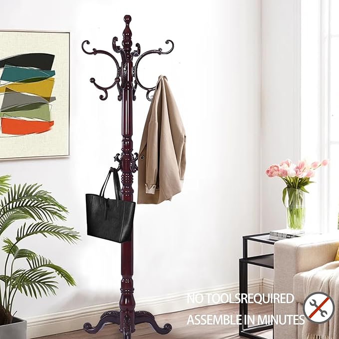Wooden Coat Racks, Retro 78" Coat Tree with 14 Hooks & Stable Triangular Base, Entryway Coat Rack Freestanding for Hat, Clothes, Scarves, Handbags, Umbrella (Mahogany)