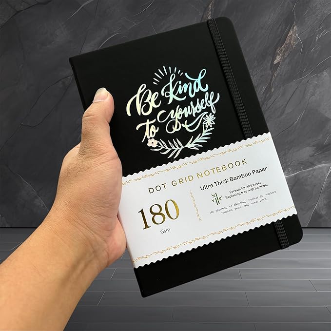 Dotted Notebook Journal 180GSM Bamboo Thick White Paper 160 Pages 5 * 5MM Dot Grid, Lay Flat Binding,Colored Silver Edges, Bookmarks and Expandable Back Pocket (BKP-8)