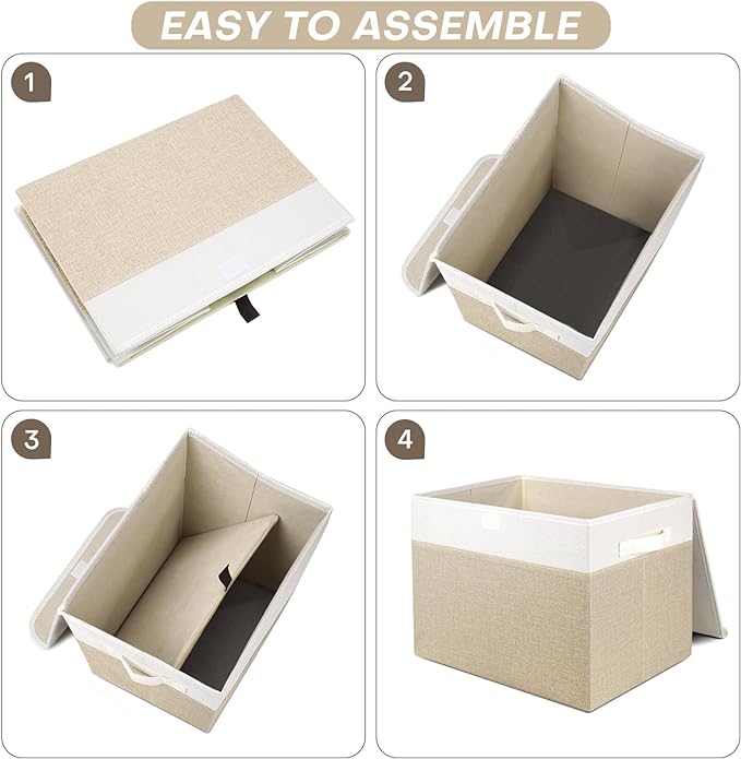 Large 22 Quart Linen Fabric Foldable Storage Bin Cube Organizer Basket with Flip-Top Lid & Handles, Clothes Blanket Box for Home, Office, Closet, Beige & White, 4 Pack 14.6 x 9.5 x 9.5”