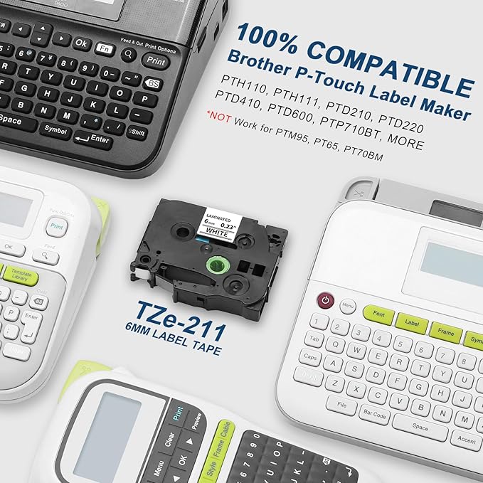 Label KINGDOM TZe-211 6mm Label Maker Tape Replacement for Brother TZe211 TZe TZ Tape 6mm 0.23 Laminated White 1/4 Inch Compatible with Brother P Touch PT-D210 PT-D220 PT-H110 PT-D400, 6-Pack