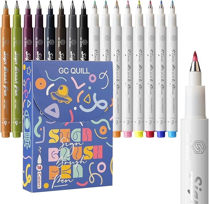 GC QUILL Fudenosuke Brush Pen - 16 Colors Calligraphy Brush Pens for Hand Lettering, Calligraphy, Drawing, Writing, Journaling GC-SB16