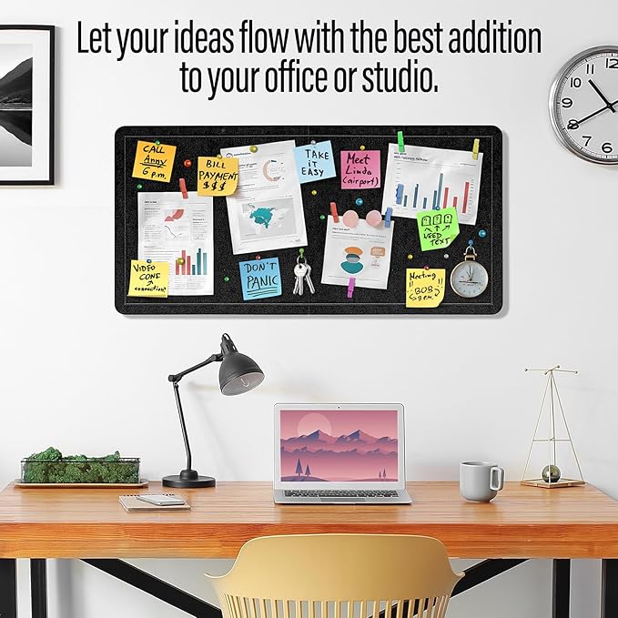Large Bulletin Board 36 x 18 Inches - Foldable Felt Bulletin Board for Wall, Cork Board Alternative with 50 Color Pins & 6 Note Pads, Vision Board - Black