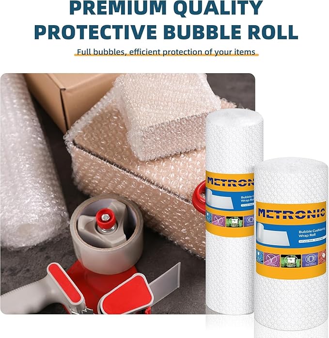 Metronic Bubble Cushioning Wrap 12 Pack 12 Inch x 432ft Total, Dense Bubble Packing Air Wrap Clear Bubble Packing Roll for Shipping and Moving Supplies, Perforated Every 12"