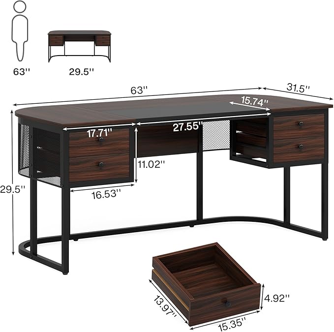 Tribesigns 63-Inch Executive Desk with 4 Drawers, Large Home Office Desk Computer Desk, Business Furniture Desk Workstation for Home Office, Dark Walnut