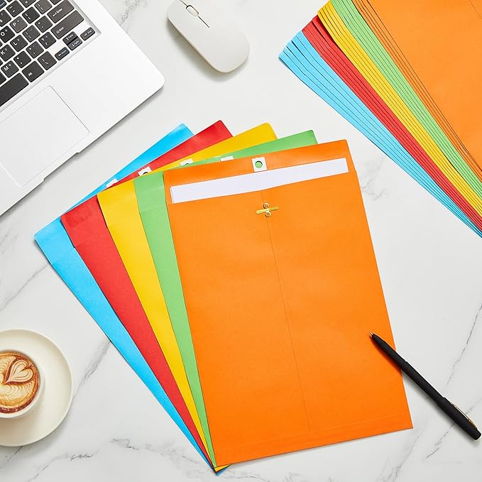 Geyee 100 Pcs Clasp Manilla Envelopes 9 x 12 Inch Gummed Colored Envelopes for Storing or Mailing for Home Office Business Supplies(Multicolor)