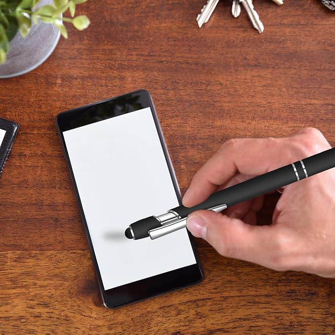 12 Pcs Blue Ink Ballpoint Pen with Stylus Tip, 1.0 mm Metal Pen Stylus Pen for Touch Screens, 2 in 1 Thank You Pen Gift for Friends, Colleagues, Coworker, Office, Family (Black)