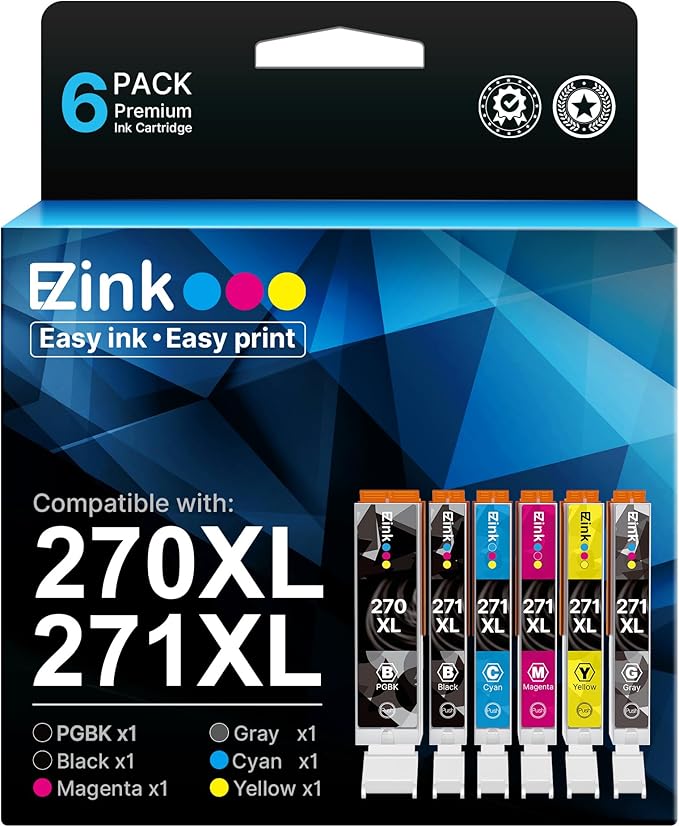 E-Z Ink 270 271 XL Ink Cartridges Compatible for Canon PGI-270XL CLI-271XL 6 Color Value Pack, use with TS9020 MG7720 TS8020 MG5720 MG5721 MG5722 MG6820 MG6821 MG6822 TS5020 TS6020 Printer