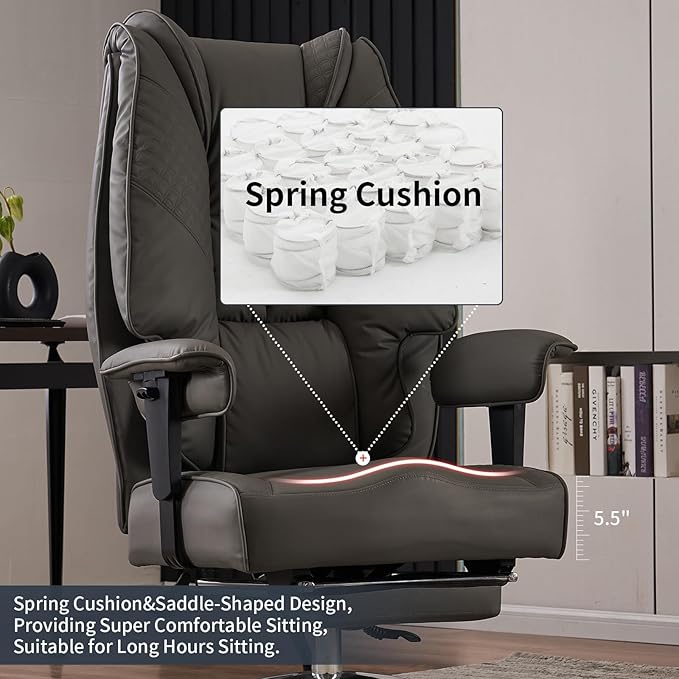Big and Tall Office Chair 400lbs Wide Seat, Leather High Back Executive Office Chair with Foot Rest, Ergonomic Chairs Lumbar Support for Lower Back Pain Relief (Grey)