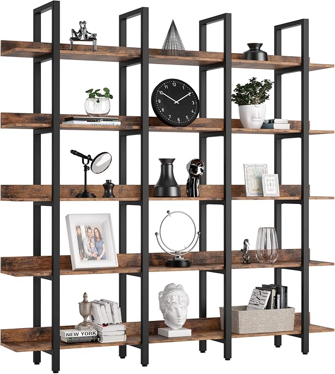 IRONCK Bookcase and Bookshelves Triple Wide 5 Tiers Large Open Shelves, Etagere Bookcases with Back Fence for Home Office Decor, Easy Assembly, Vintage Brown