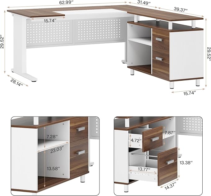 Tribesigns 63 Inch Executive Desk with File Cabinet, L Shaped Office Desk with Drawers and Storage Shelves, Business Furniture Set Workstation for Home Office, White and Walnut