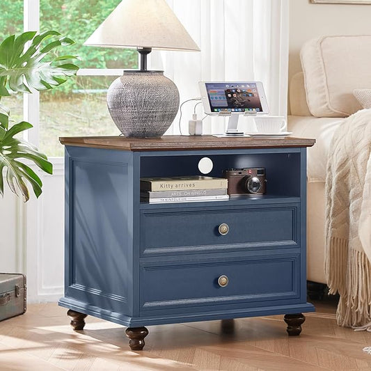 24" Wide Farmhouse Nightstand with Charging Station, End Table with 2 Drawers, Blue Wood Dresser for Bedroom Cabinet, Bed Side Table Chest of Drawers, Night Stand for Living Room, Closet