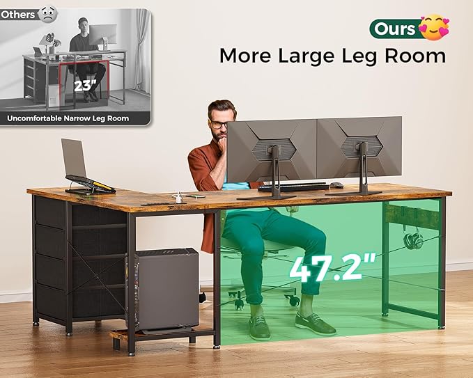 Casaottima L Shaped Desk with 4 Tier Drawers, 61" Gaming Desk with Power Outlets & USB, Reversible L-Shaped Computer Desk with CPU Stand, Home Office Corner Desk with Storage, Easy Assemble, Vintage