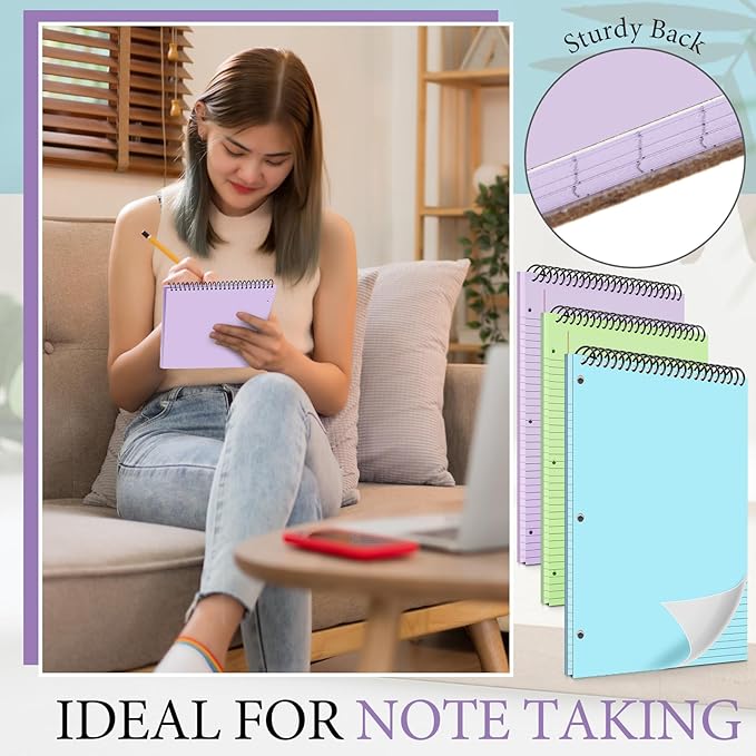 10 Packs 8.5" x 11" Top Spiral Notebook with 3 Hole Punched Legal Pads College Ruled Notepad 50 Sheets Hard Cardboard Paper Wirebound Notepad for Office School Business (Green,Blue,Purple)