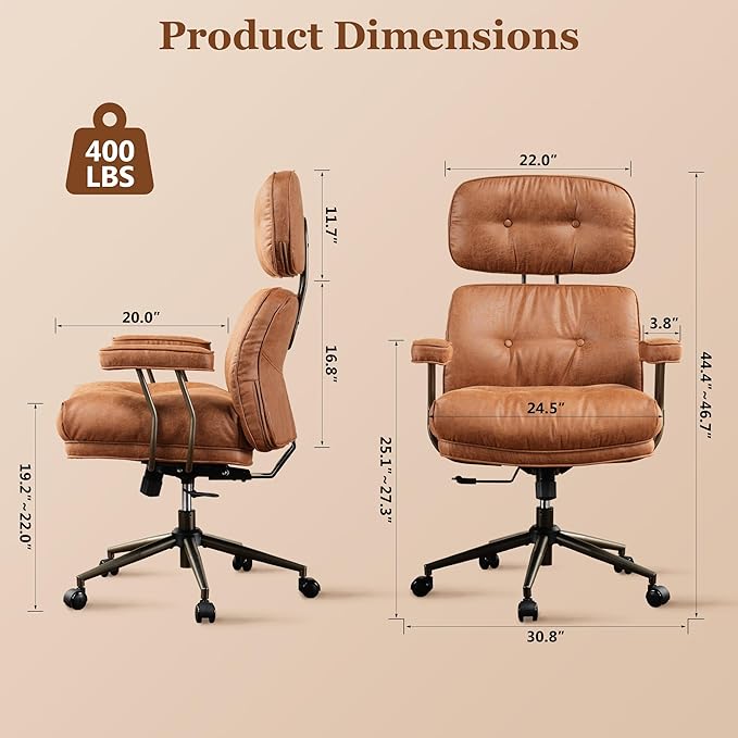 Mid Century Modren Big and Tall Office Chair,Large Ergonomic Executive Chair for Heavy Duty People, Computer Desk Task Chair with Wheels, Faux Lether Fabric Wide Chair for Home Sturdy,Brown(Suede)