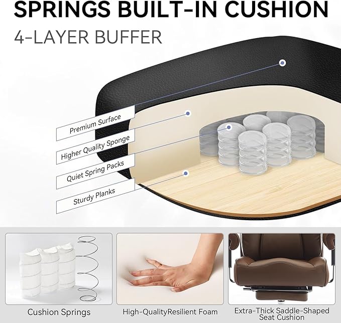 Big and Tall Ergonomic Office Chair 450LBS with Foot Rest, High Back PU Leather Executive Chair with Adjustable Padded Armrests, Lumbar Support for Home or Work, Heavy Duty Computer Chair, Brown