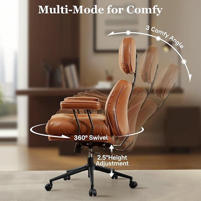 Mid Century Modren Big and Tall Office Chair,Large Ergonomic Executive Chair for Heavy Duty People, Computer Desk Task Chair with Wheels, Faux Lether Fabric Wide Chair for Home Sturdy,Brown(PU)