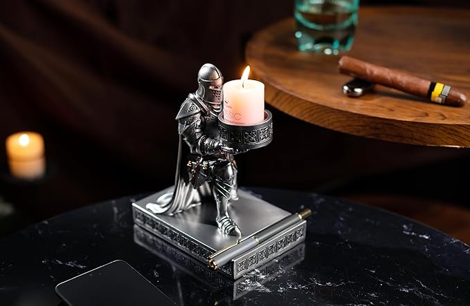 King's Guard Kneeling Knight Candlestick Holders Resin Posture TeaLight Holder Warrior Mobile Phone Stand Pen Holder Candle Holder for Restaurant, Altar, Home Table(Silver)
