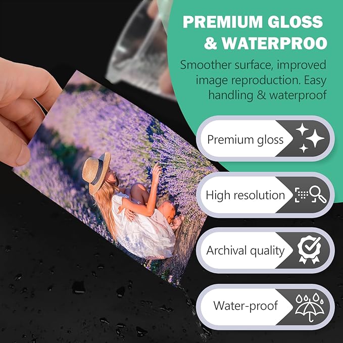 Ultra-Premium Glossy RC Photo Paper, Professional and Heavyweight Metallic Resin Coated Photo Paper, Pigment and Dye Inkjet Printer Suitable, Waterproof, 5x7, 50 Pack