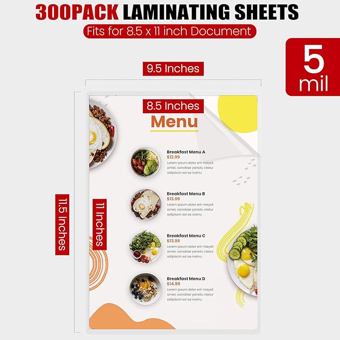CAREGY 300 Pack Laminating Sheets, Holds 8.5 x 11 Inch Sheets,5 Mil Thermal Laminating Pouches,9 x 11.5 Inches Lamination Sheet Paper for Laminator, Clear, Letter Size, Office and School Supplies
