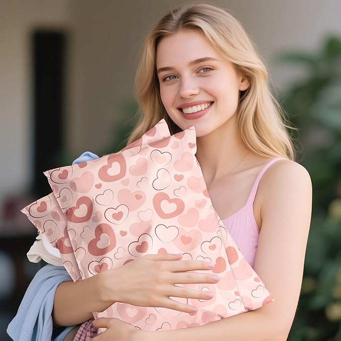 Pink Heart Poly Mailer 12x15.5 Inch 50 Pcs, Waterproof Shipping Bags for Clothing, Tear-Resistant Mailier Bags, Strong Mailing Bags with Self-Seal