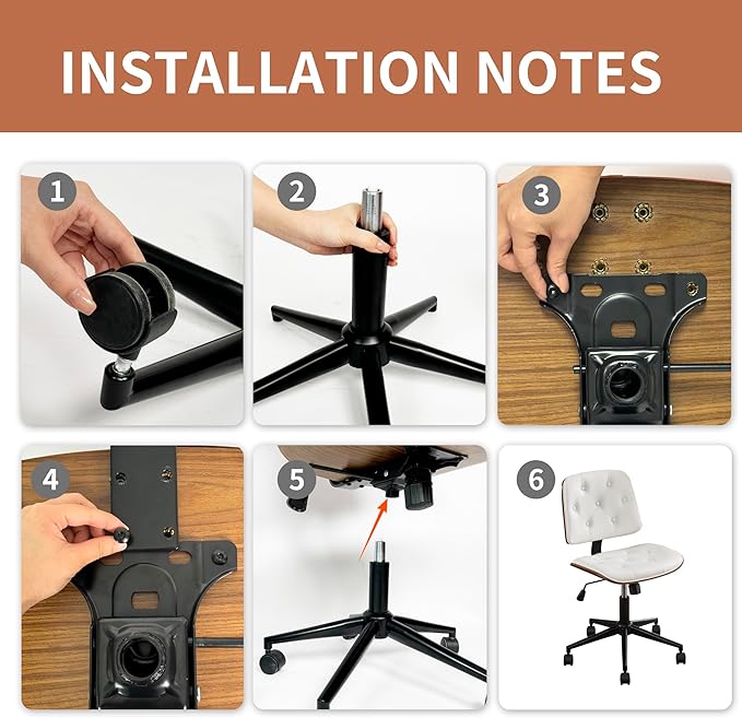 Small Home Office Chair – Adjustable Height, Armless PU Leather Mid-Back Desk Chair with Swivel Wheels, Walnut Finish, Perfect for Study or Bedroom, White