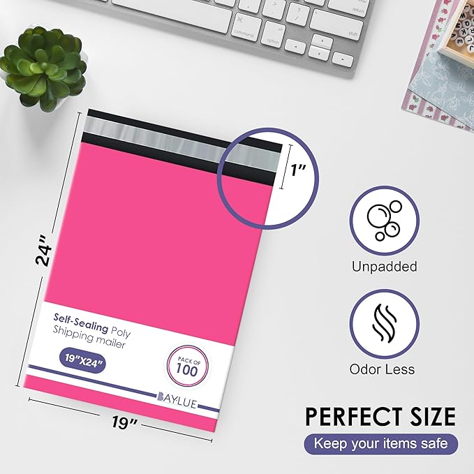 Hot pink Large Poly Mailers 19x24 Inch | Strong Adhesive Self-Seal Mailer Bags | Tear, Tamper, Water Resistant Shipping Envelopes Thick Strong polymailer Bags XL Clothing Shipping Bags | 100 Pcs Bulk