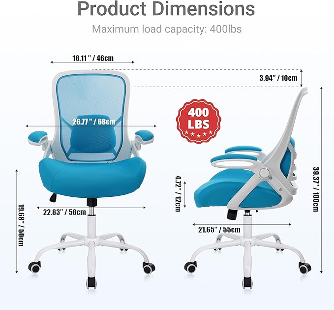 HYLONE 400lbs Heavy Duty Office Chair, 5" Thickened Seat Ergonomic Desk Chair with Adjustable Armrests, Home Office Computer Chairs for Long Hours Mesh Executive Chair(Blue)