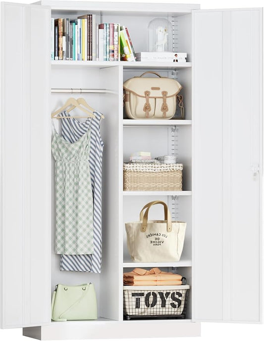 Greenvelly Metal Wardrobe Cabinet with Locking Doors, 72"H White Metal Wardrobe Closet with Hanging Rods and Adjustable Shelves, Clothing Storage Closet for Home, Office, Employee, Gym (16" D x 32" W)