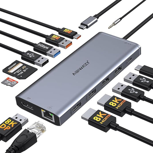 USB C Docking Station Dual Monitor for Dell/HP/Lenovo Laptop, Single 8K@30Hz/4K@120Hz, Triple 4K Display USB C Hub Multiple Adapter with 2 HDMI+DP+USB3.1+6 USB+RJ45+PD+SD/TF+Audio for iPhone 15