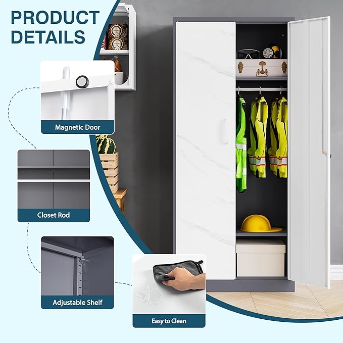 MIIIKO Wardrobe Closet with 2 Doors, 72" Metal Wardrobe Cabinet with Hanging Rod for Bedroom Laundry Room and Office, Clothes Storage Organizer Cabinets with Locking Door and Shelf