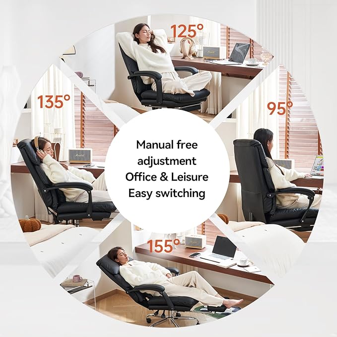 EMIAH Real Leather Office Chair with Foot Rest, Reclining Ergonomic Executive Office Chair with Arms, High Back Comfy Swivel Computer Desk Chairs with Wheels and Lumbar Support for Home Office, Black
