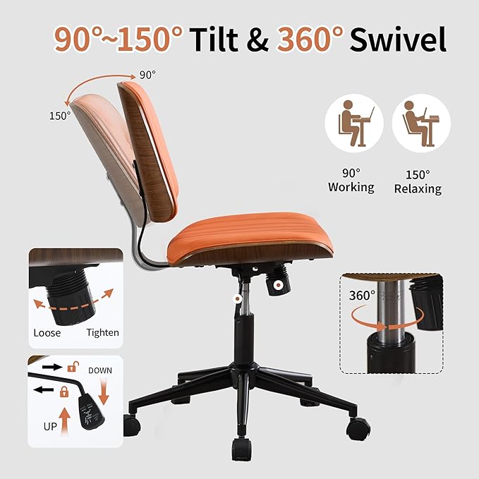 Small Home Office Chair - Armless Mid Back Desk Chair with 360° Swivel and Wheels, PU Upholstered Height Adjustable Modern Walnut Computer Chair for Home, Office Meeting Room - Orange