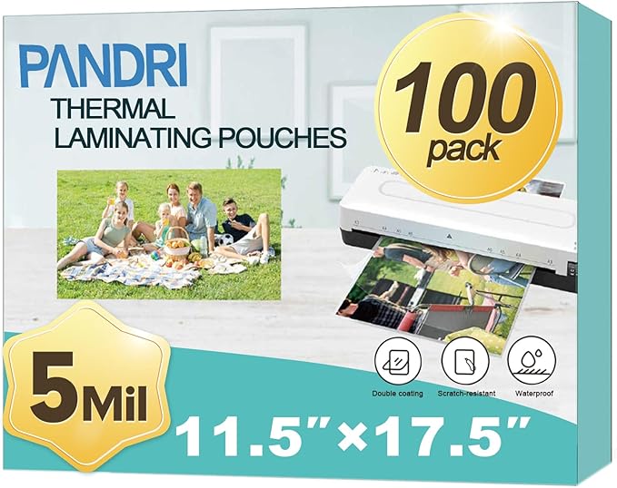 Laminating Sheets, PANDRI 100 Pack Thermal Laminating Pouches Holds 11 x 17 Inch, 5 Mil Plastic Laminator Paper 11.5 x 17.5 Inch, Clear Round Corner
