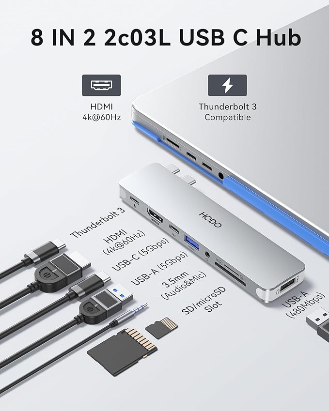 Apple MacBook Pro/Air USB-C Adapter Hub - Multiport 8-in-2 with HDMI, Thunderbolt 3, USB 3.0, 2.0, SD/TF Card Reader, Silver