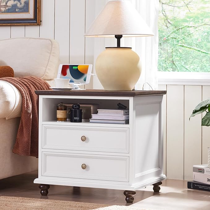 24" Wide Farmhouse Nightstand Set of 2 with Charging Station,End Table with 2 Drawers,White Wood Dresser for Bedroom Cabinet, Bed Side Table Chest of Drawers, Night Stand for Living Room, Closet