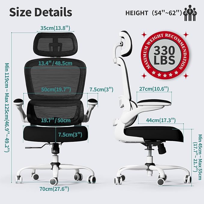 TRALT Office Chair Ergonomic Desk Chair, 330 LBS Home Mesh Office Desk Chairs with Wheels, Comfortable Gaming Chair, High Back Office Chair for Long Hours (Black & White)