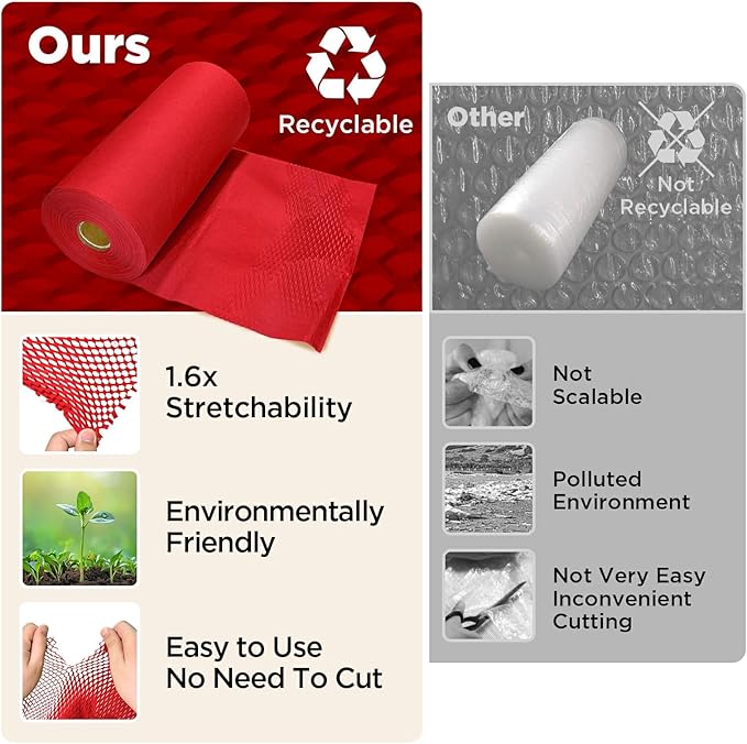Honeycomb Packing Paper, 12"x150' Red | Perforated Honeycomb Packing Paper Recyclable Moving Supplies for Shipping & Moving | Plastic-Free Alternative to Bubble Cushion Wrap with 36 Fragile Stickers