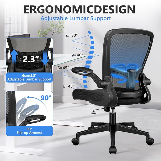 Desk Chairs with Wheels, Ergonomic Mesh Office Chair Adjustable Height and Swivel Lumbar Support Home Office Chair with Flip Up Armrests, Set of 4