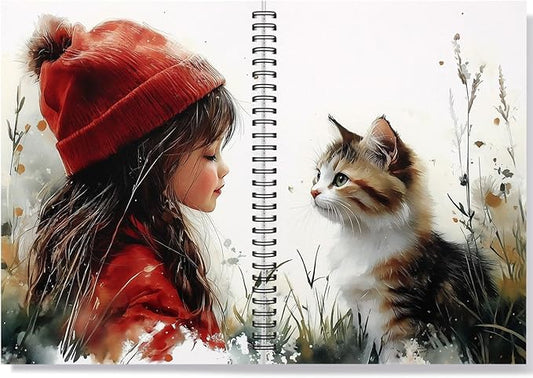 Spiral Journal Notebook for Women & Men,B5 Artistic Spiral Notebook: Orange & Black Cat with Little girl with red hat- Botanical Garden Edition