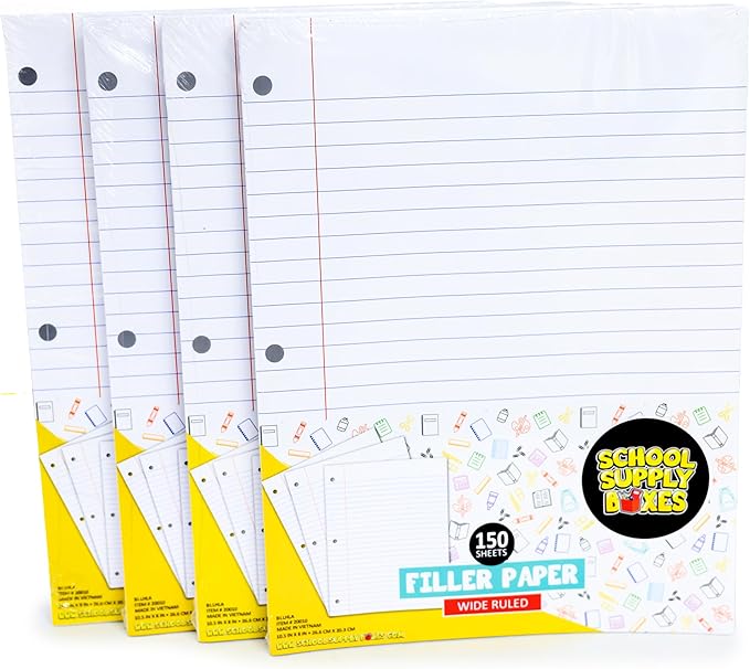 School Supply Boxes | Wide-Ruled Loose Leaf Paper | 12 Pack | 150 Sheets Per Pack, 3-Ring Binder Compatible