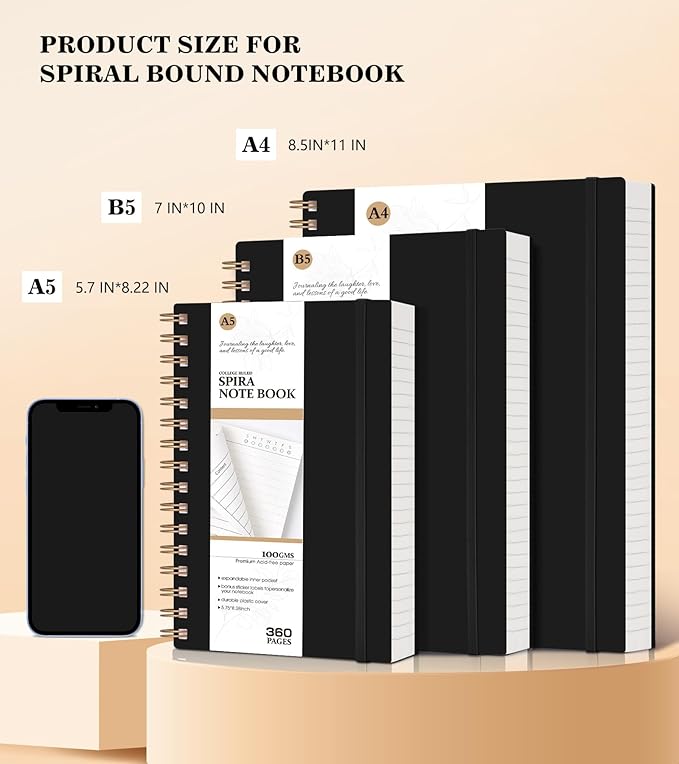 Spiral Notebook Journal College Ruled, 360 Pages Lined Thick Journals for Women Men, B5 Big Notebooks with 100GSM Paper, Spiral Bound Journaling for Writing Work School Black 7.6"×10"