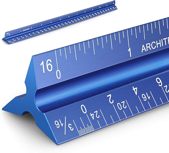 12" Architectural Scale Ruler Aluminum Architect Scale Triangular Scale Ruler for Architects, Draftsman, Students and Engineers, Blue
