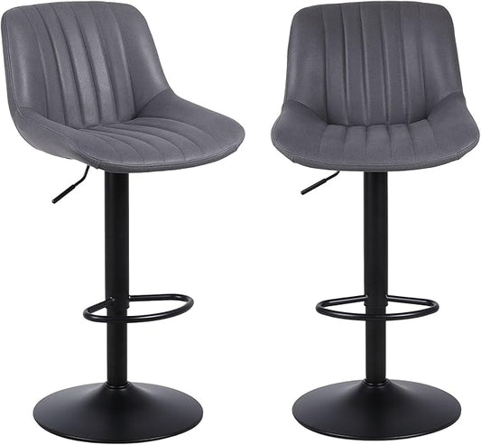 Bar Stools Set of 2, Swivel Counter Height Barstools with Back, Adjustable PU Leather Bar Chairs, Modern Armless Kitchen Island Stool, Dark Grey