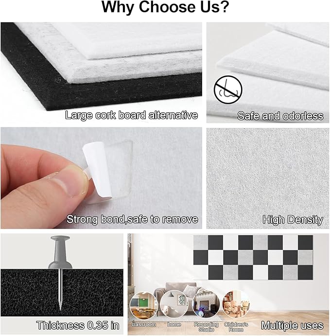 Large Cork Board for Walls 47" x 35" 12 Pack Black Bulletin Boards Felt Wall Tiles with Safe Removable Adhesive Corkboards for Office Home,White