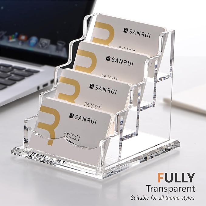 SANRUI Clear Acrylic Business Card Holder for Desk Display Stand Holders Organizer Rack , 4 Tier 4 Pocket , Holds 200 cards