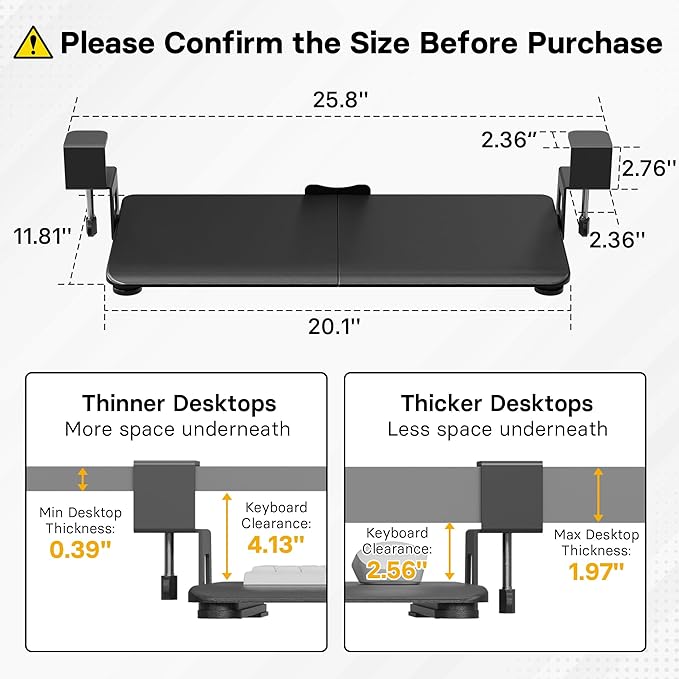 BONTEC KMT01-PJ Under Desk Keyboard Tray, Pull-Out Keyboard & Mouse Platform with C-Clamp, 20 x 11.8 in Space-Saving Ergonomic Slide-Out Drawer, Black